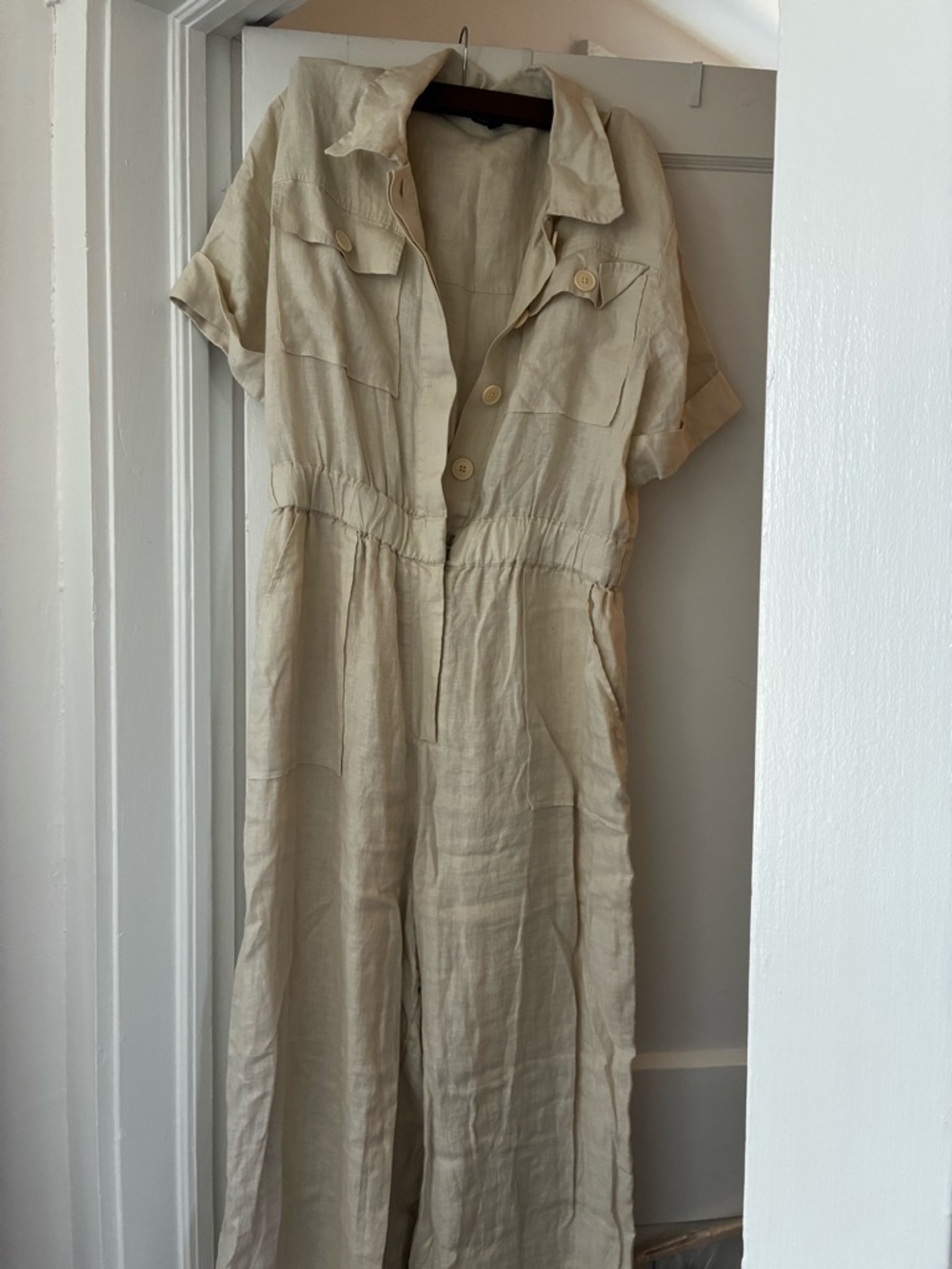 JCREW  Beige Button-Front Linen Jumpsuit